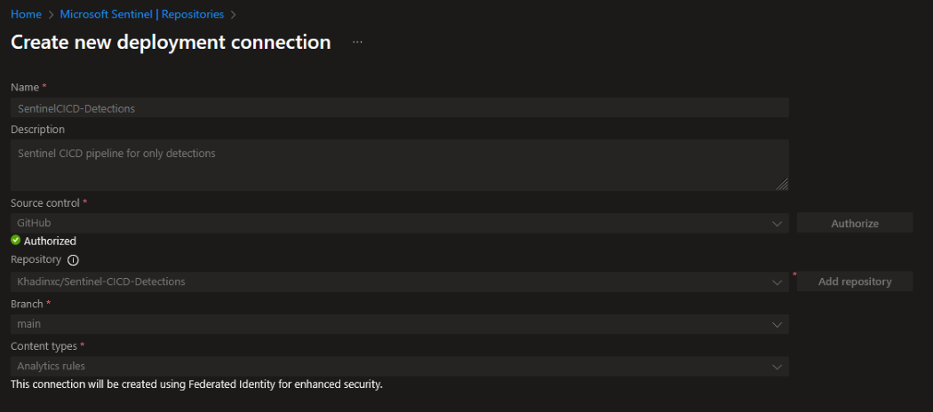 Configuring Microsoft Sentinel Repositories interface showing deployment connection settings